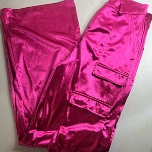 Vibrant Pink Satin Cargo Pants